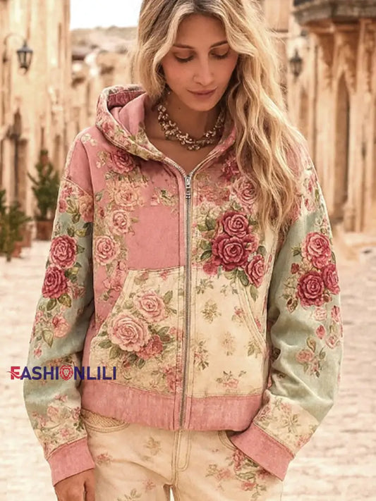 Women’s Breast Cancer Awareness Floral Patchwork Zip-Up Hoodie Pink / S