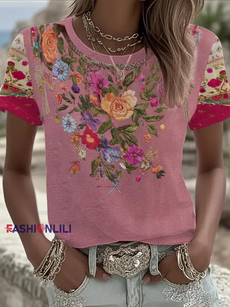 Women’s Breast Cancer Awareness Floral Printed T-shirt Pink / S