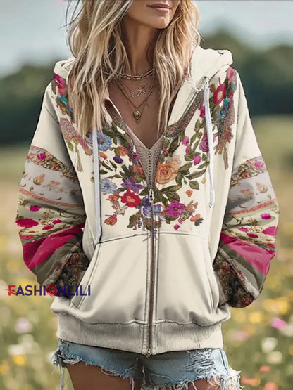 Women’s Breast Cancer Awareness Floral Printed Zip-Up Coat Apricot / S