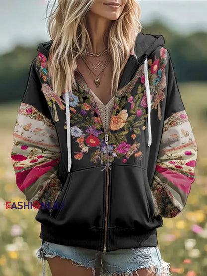 Women’s Breast Cancer Awareness Floral Printed Zip-Up Coat Black / S