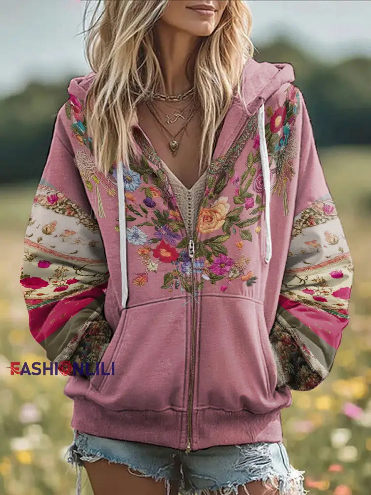 Women’s Breast Cancer Awareness Floral Printed Zip-Up Coat Pink / S