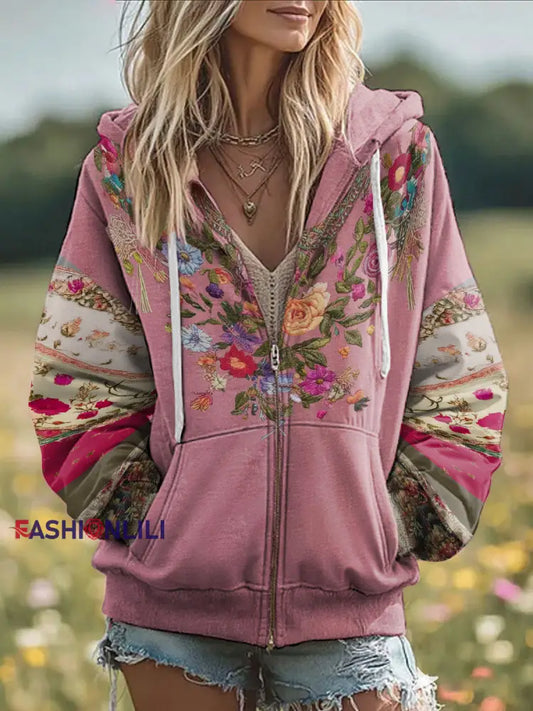 Women’s Breast Cancer Awareness Floral Printed Zip-Up Coat Pink / S