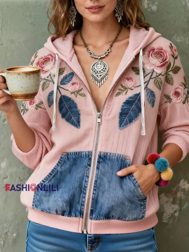 Women’s Breast Cancer Awareness Floral Printed Zip-Up Coat Pink / S
