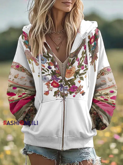 Women’s Breast Cancer Awareness Floral Printed Zip-Up Coat White / S