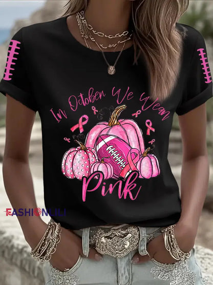 Women’s Breast Cancer Awareness Football Pink Out Pink Ribbon Print T shirt Black / S