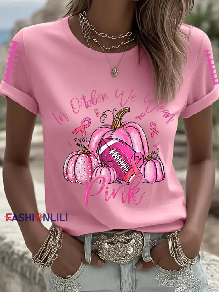 Women’s Breast Cancer Awareness Football Pink Out Pink Ribbon Print T shirt Pink / S