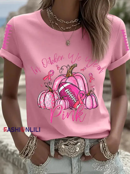 Women’s Breast Cancer Awareness Football Pink Out Pink Ribbon Print T shirt Pink / S