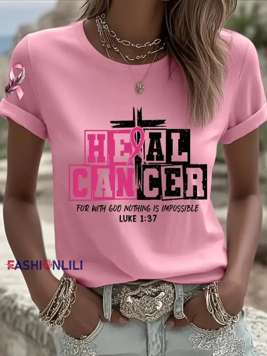 Women’s Breast Cancer Awareness Heal Cancer Pink Ribbon Short Sleeve T shirt Pink / S