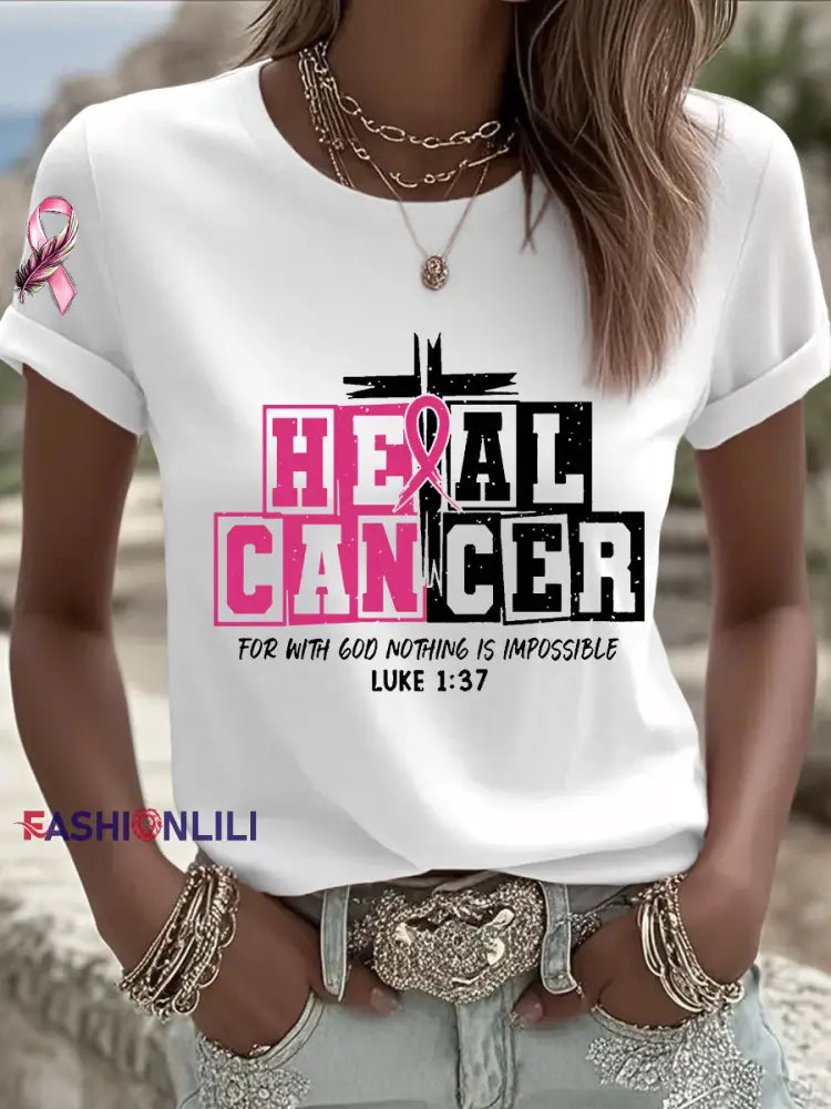 Women’s Breast Cancer Awareness Heal Cancer Pink Ribbon Short Sleeve T shirt White / S