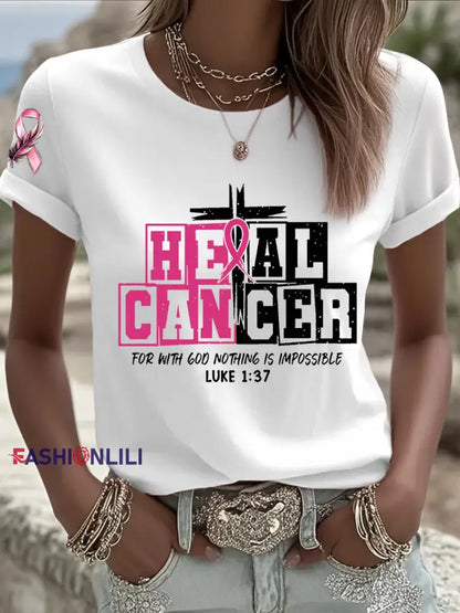 Women’s Breast Cancer Awareness Heal Cancer Pink Ribbon Short Sleeve T shirt White / S
