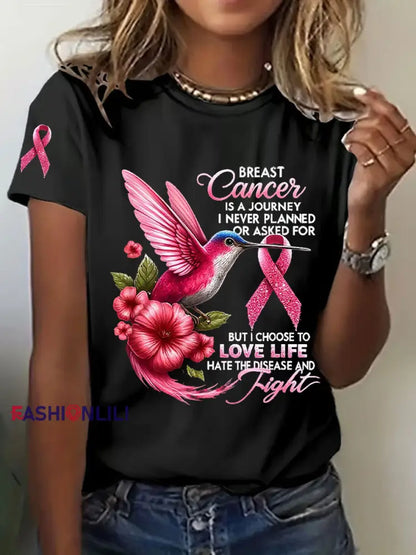 Women’s Breast Cancer Awareness Hummingbird Print Casual T Shirt Black / S