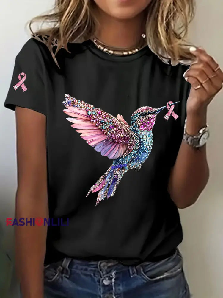 Women’s Breast Cancer Awareness Hummingbird Print Casual T Shirt Black / S