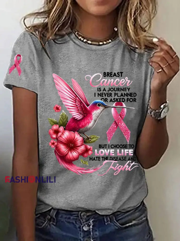 Women’s Breast Cancer Awareness Hummingbird Print Casual T Shirt Light Gray / S