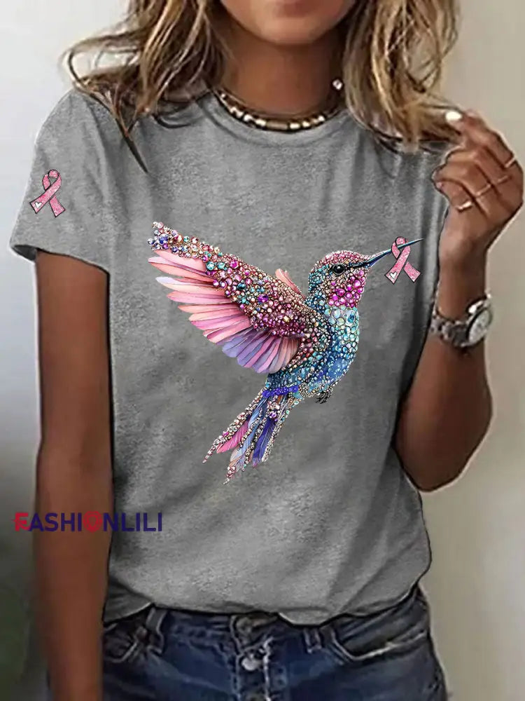 Women’s Breast Cancer Awareness Hummingbird Print Casual T Shirt Light Gray / S