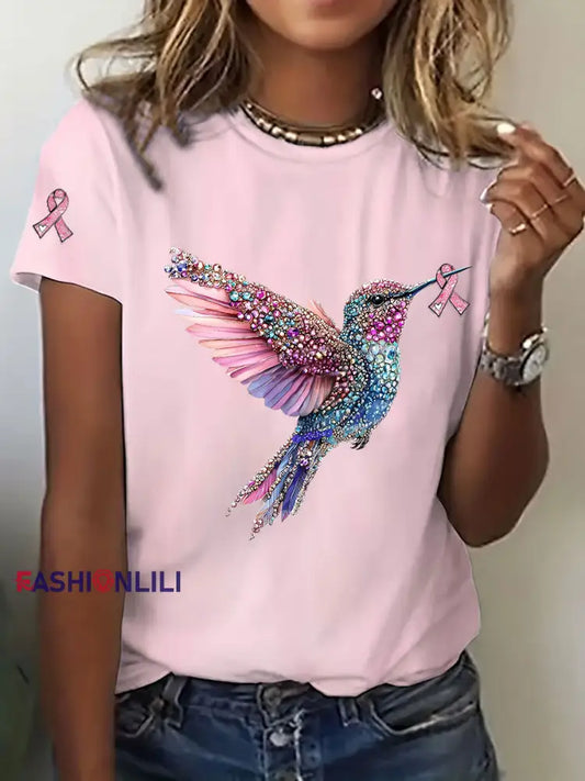 Women’s Breast Cancer Awareness Hummingbird Print Casual T Shirt Pink / S