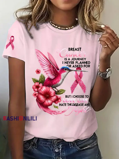 Women’s Breast Cancer Awareness Hummingbird Print Casual T Shirt Pink / S