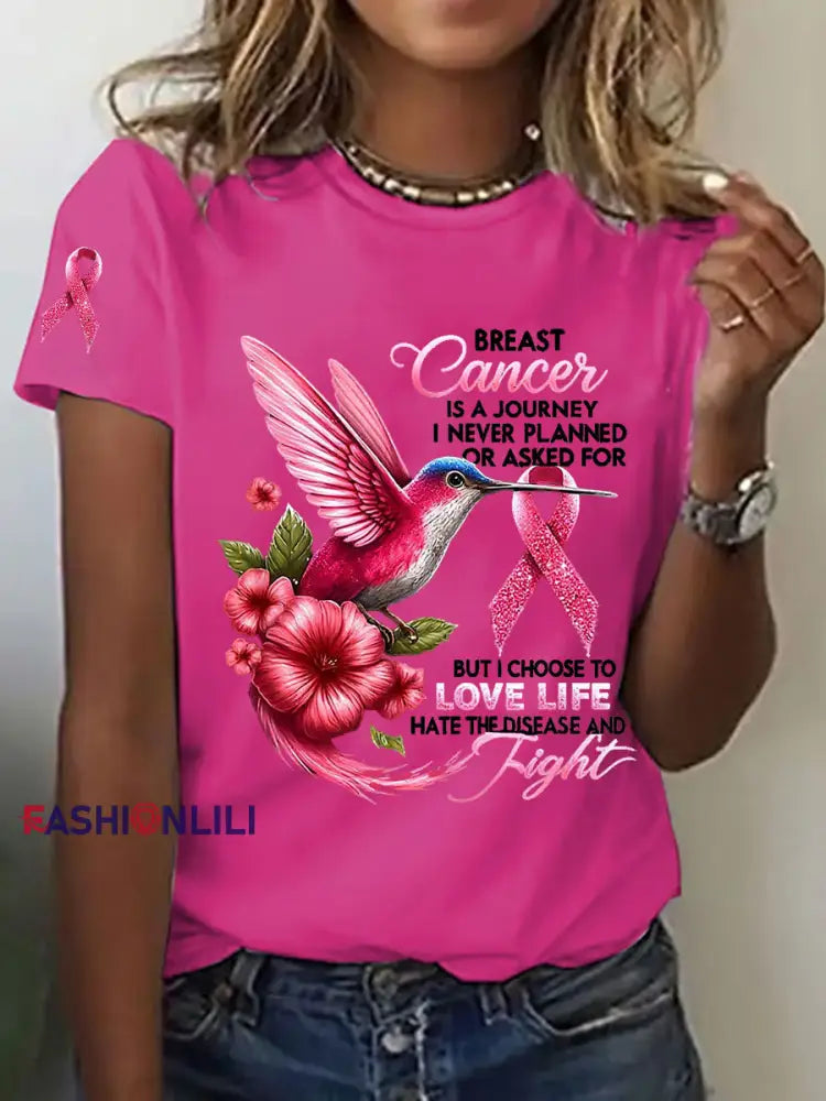 Women’s Breast Cancer Awareness Hummingbird Print Casual T Shirt Rose Red / S