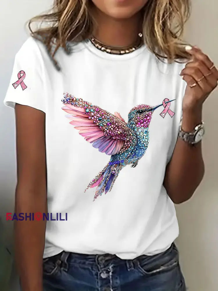 Women’s Breast Cancer Awareness Hummingbird Print Casual T Shirt White / S