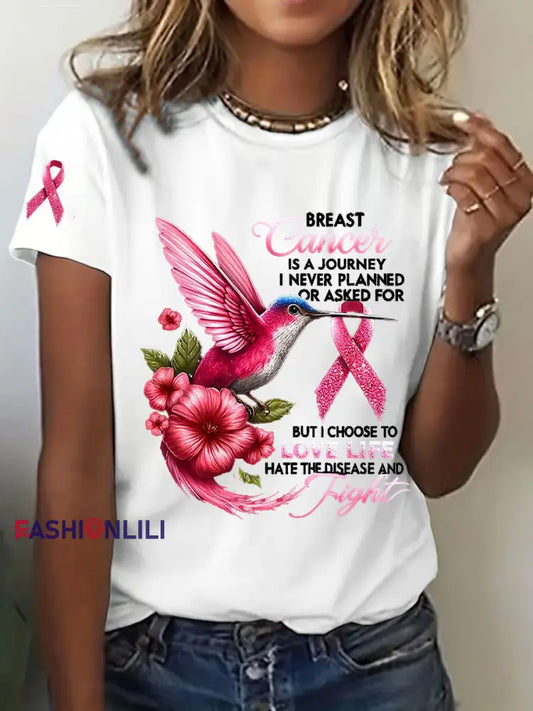 Women’s Breast Cancer Awareness Hummingbird Print Casual T Shirt White / S