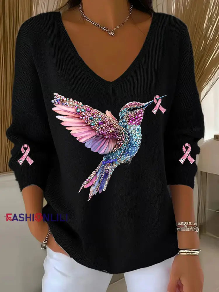 Women’s Breast Cancer Awareness Hummingbird Print Casual Top Black / S