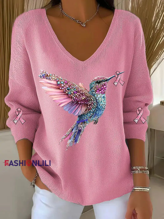 Women’s Breast Cancer Awareness Hummingbird Print Casual Top Pink / S