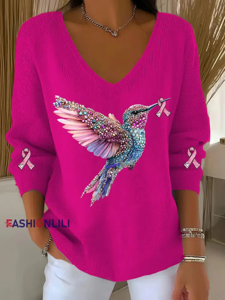 Women’s Breast Cancer Awareness Hummingbird Print Casual Top Rose Red / S