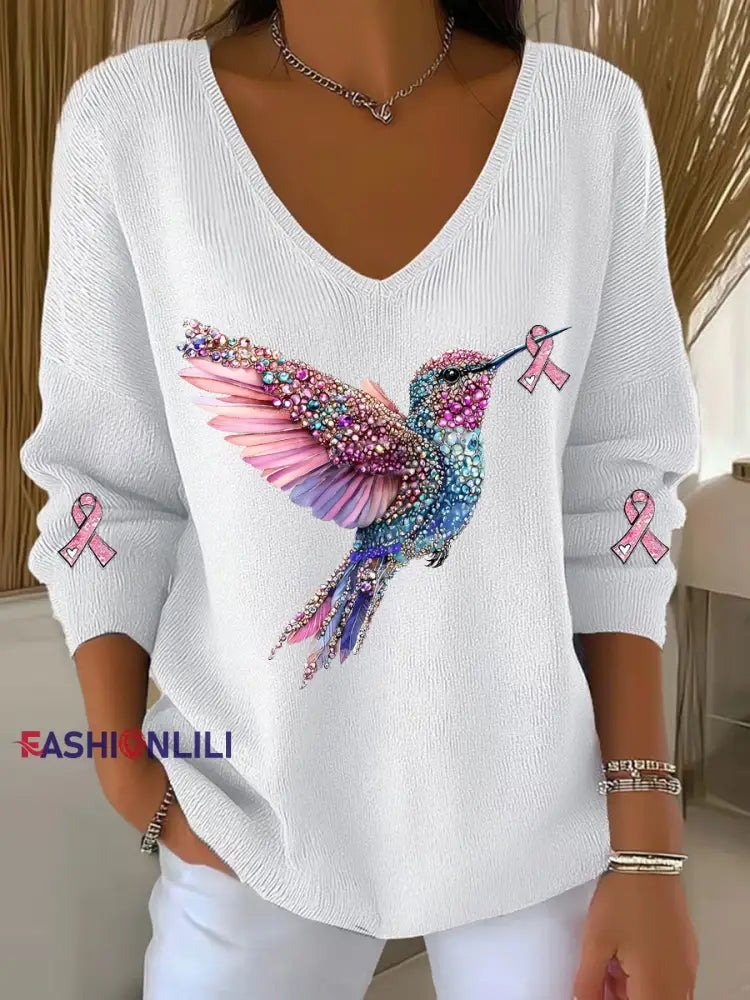Women’s Breast Cancer Awareness Hummingbird Print Casual Top White / S
