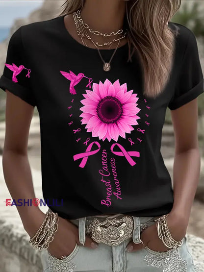 Women’s Breast Cancer Awareness Hummingbird Sunflower Pink Ribbon Short Sleeve T shirt Black / S