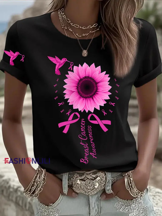 Women’s Breast Cancer Awareness Hummingbird Sunflower Pink Ribbon Short Sleeve T shirt Black / S