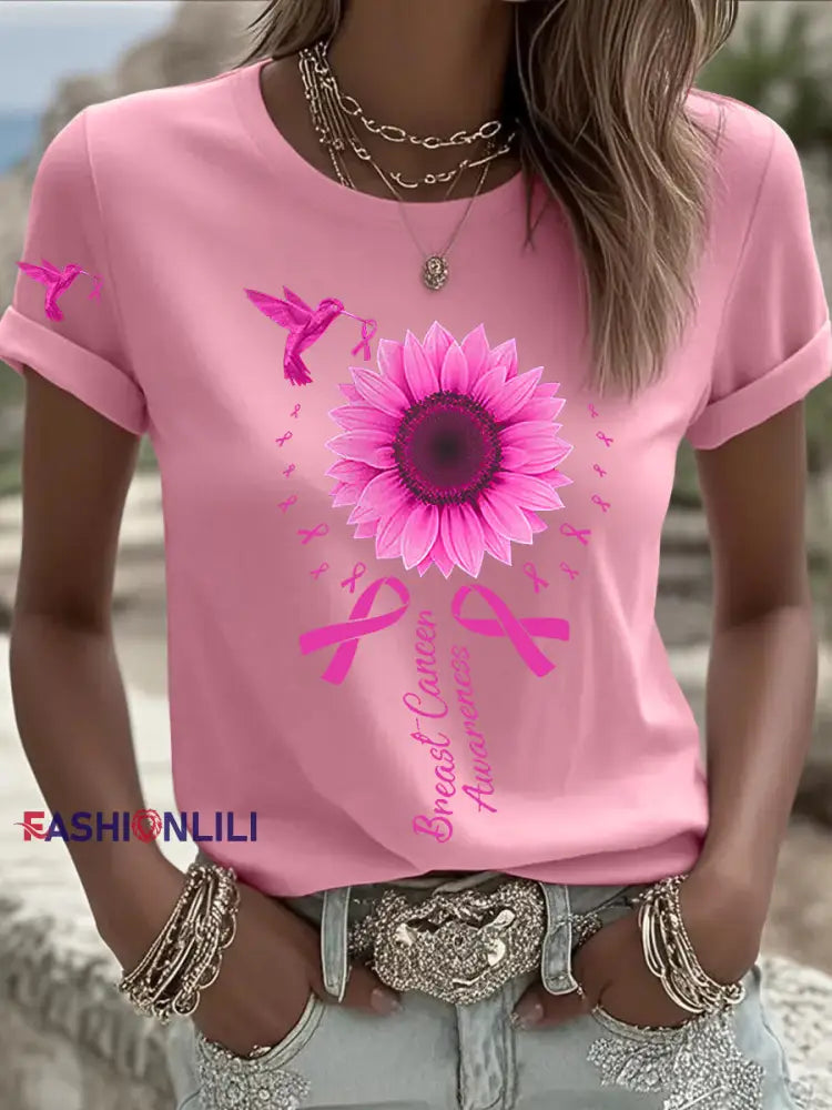 Women’s Breast Cancer Awareness Hummingbird Sunflower Pink Ribbon Short Sleeve T shirt Pink / S