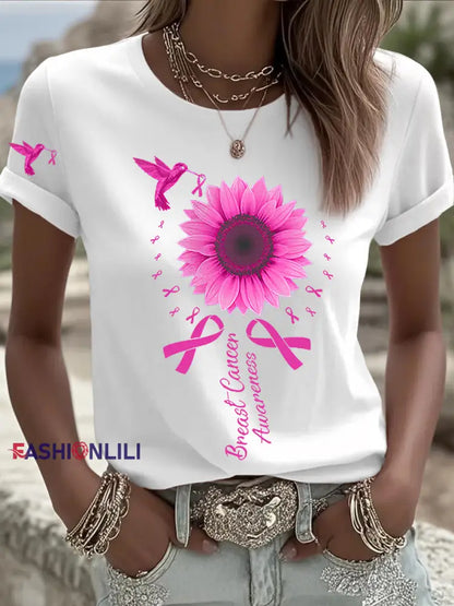 Women’s Breast Cancer Awareness Hummingbird Sunflower Pink Ribbon Short Sleeve T shirt White / S