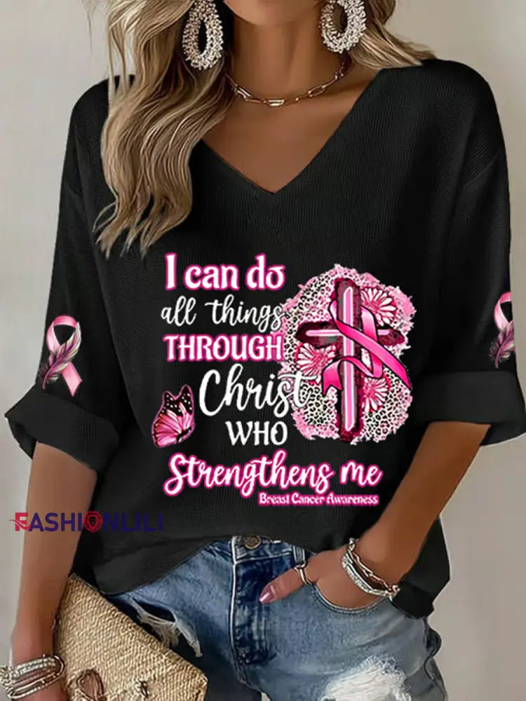 Women’s Breast Cancer Awareness I Can Do All Things Through Christ Pink Ribbon Waffle T shirt