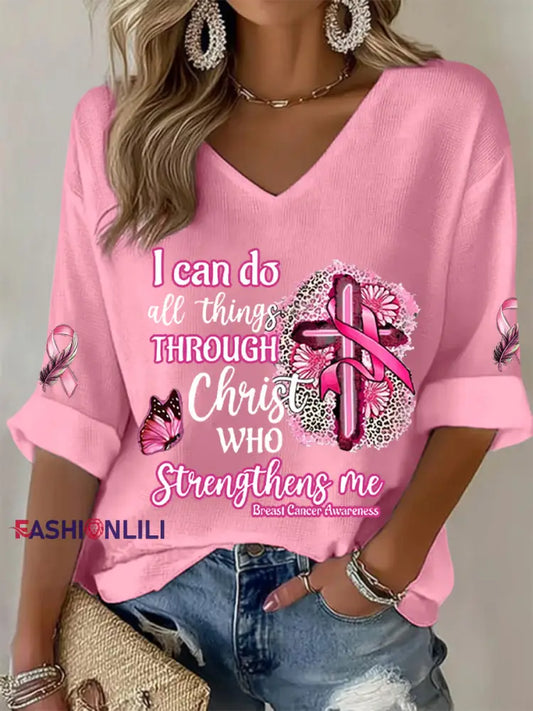 Women’s Breast Cancer Awareness I Can Do All Things Through Christ Pink Ribbon Waffle T shirt Pink / S