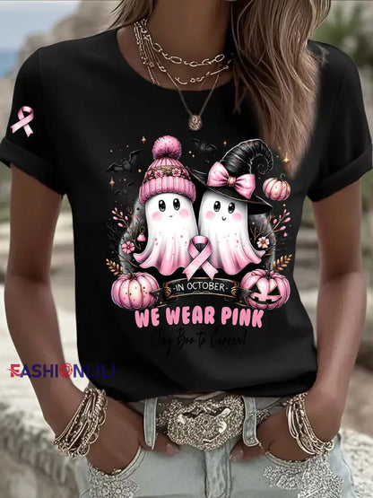 Women’s Breast Cancer Awareness In October We Wear Pink Print Casual T Shirt Black / S