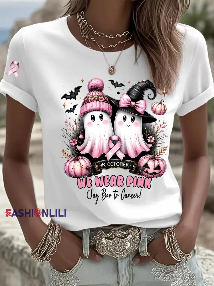 Women’s Breast Cancer Awareness In October We Wear Pink Print Casual T Shirt White / S