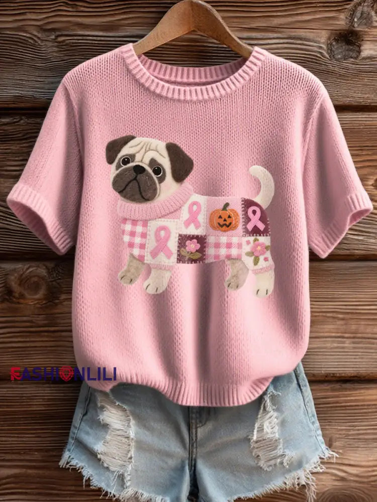 Women’s Breast Cancer Awareness Inspired Pug Pattern Felt Art Cozy Knit Top Pink / S