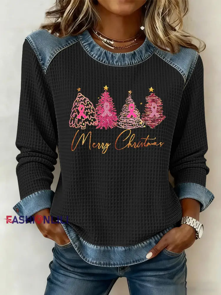Women’s Breast Cancer Awareness Merry Christmas Christmas Tree Print Casual Top Black / S