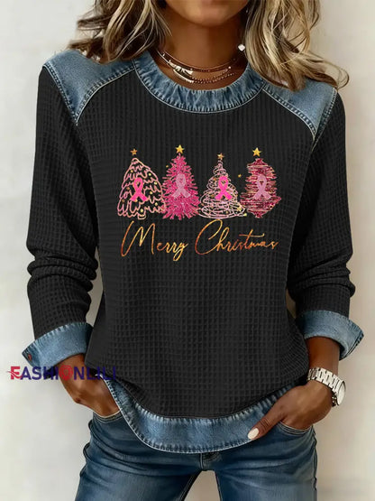 Women’s Breast Cancer Awareness Merry Christmas Christmas Tree Print Casual Top Black / S