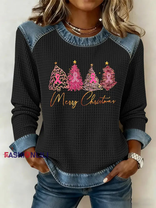 Women’s Breast Cancer Awareness Merry Christmas Christmas Tree Print Casual Top Black / S