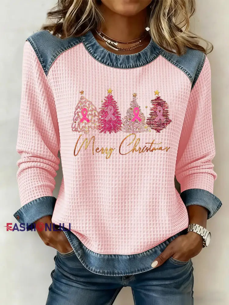 Women’s Breast Cancer Awareness Merry Christmas Christmas Tree Print Casual Top Pink / S