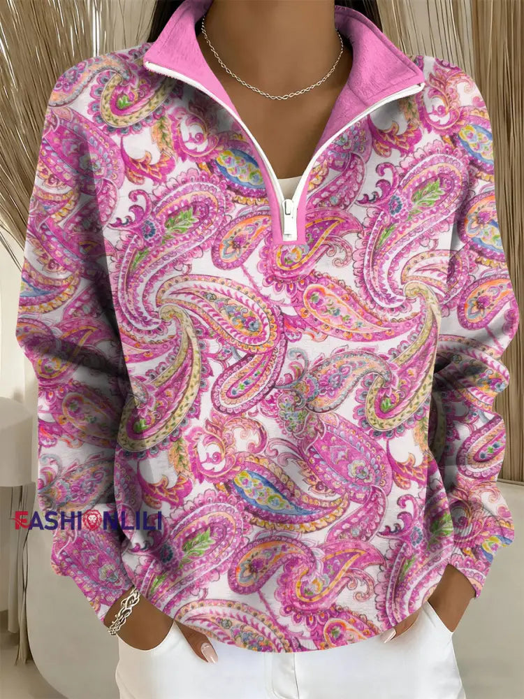 Women’s Breast Cancer Awareness Paisley Print Zip-Up Top Pink / S