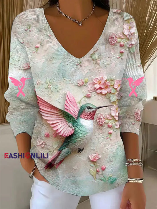 Women’s Breast Cancer Awareness Pink Hummingbird Print V Neck Top As picture / S