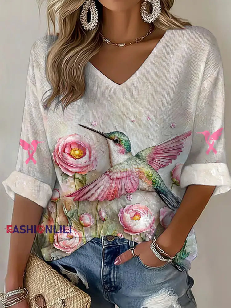 Women’s Breast Cancer Awareness Pink Hummingbird V Neck Waffle Top Creamy White / S