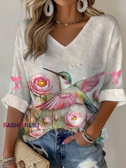 Women’s Breast Cancer Awareness Pink Hummingbird V Neck Waffle Top Creamy White / S