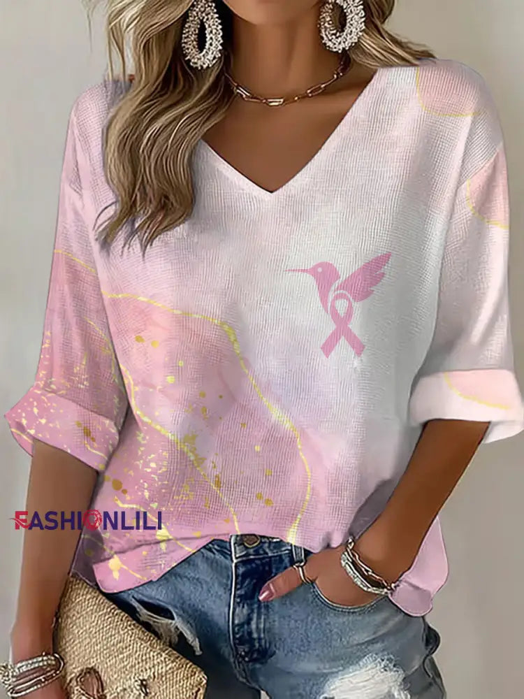 Women’s Breast Cancer Awareness Pink Hummingbird V Neck Waffle Top Pink / S