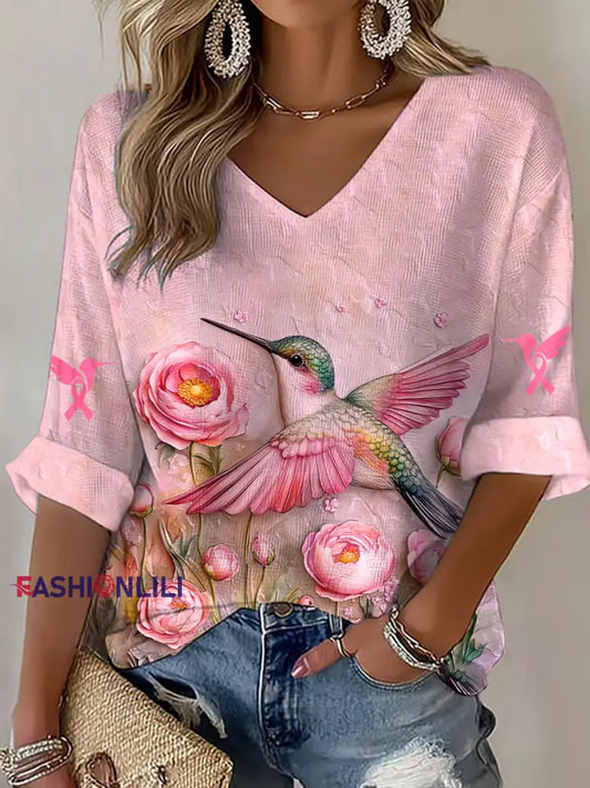 Women’s Breast Cancer Awareness Pink Hummingbird V Neck Waffle Top Pink / S