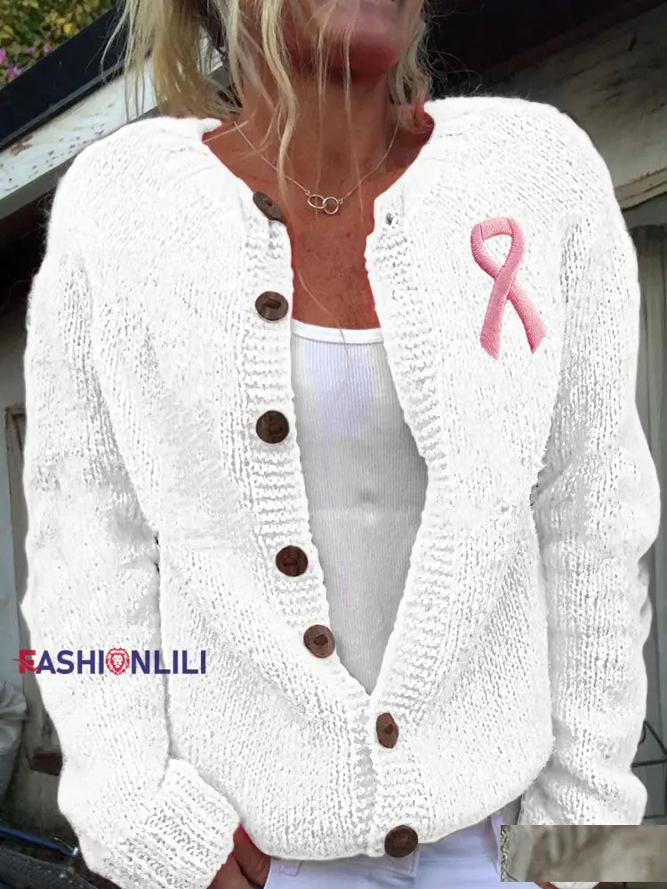 Women’s Breast Cancer Awareness Pink Ribbon Cardigans White / S