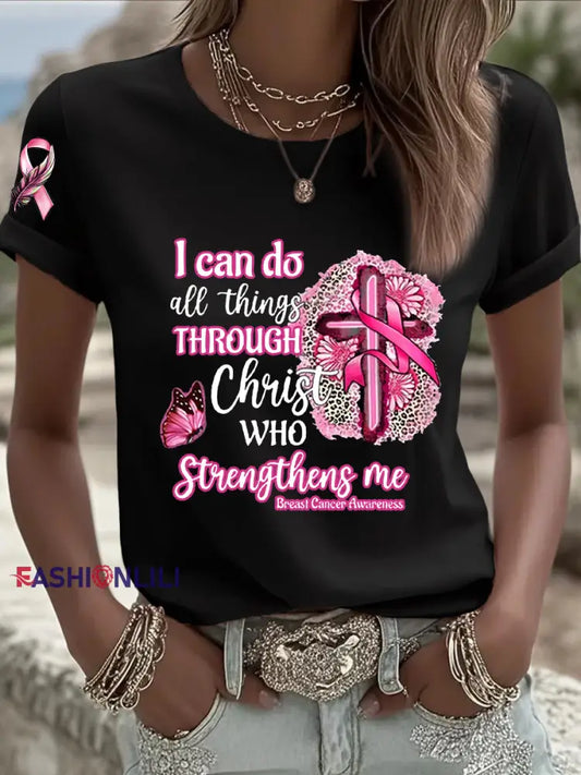 Women’s Breast Cancer Awareness Pink Ribbon Faith Cross Short Sleeve T shirt Black / S