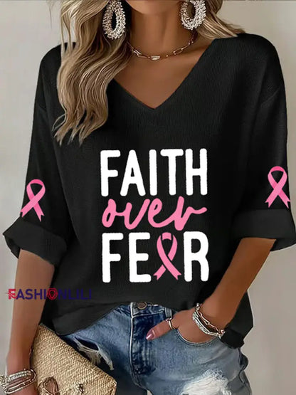 Women’s Breast Cancer Awareness Pink Ribbon Faith Over Fear Printed V Neck Top Black / S