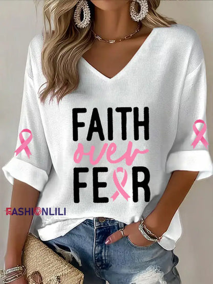 Women’s Breast Cancer Awareness Pink Ribbon Faith Over Fear Printed V Neck Top White / S